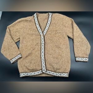 Vintage Handmade Alpaca Wool Peruvian Sweater Button Down Cardigan Tan Khaki S